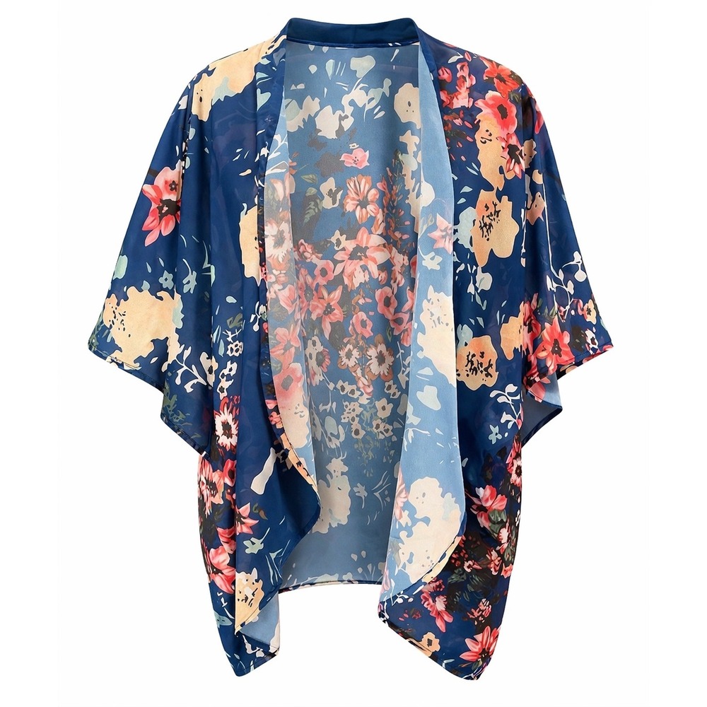 Blue Floral Sheer Kimono Large Wrap Open Front Short Sleeve Cover Up colorful‎